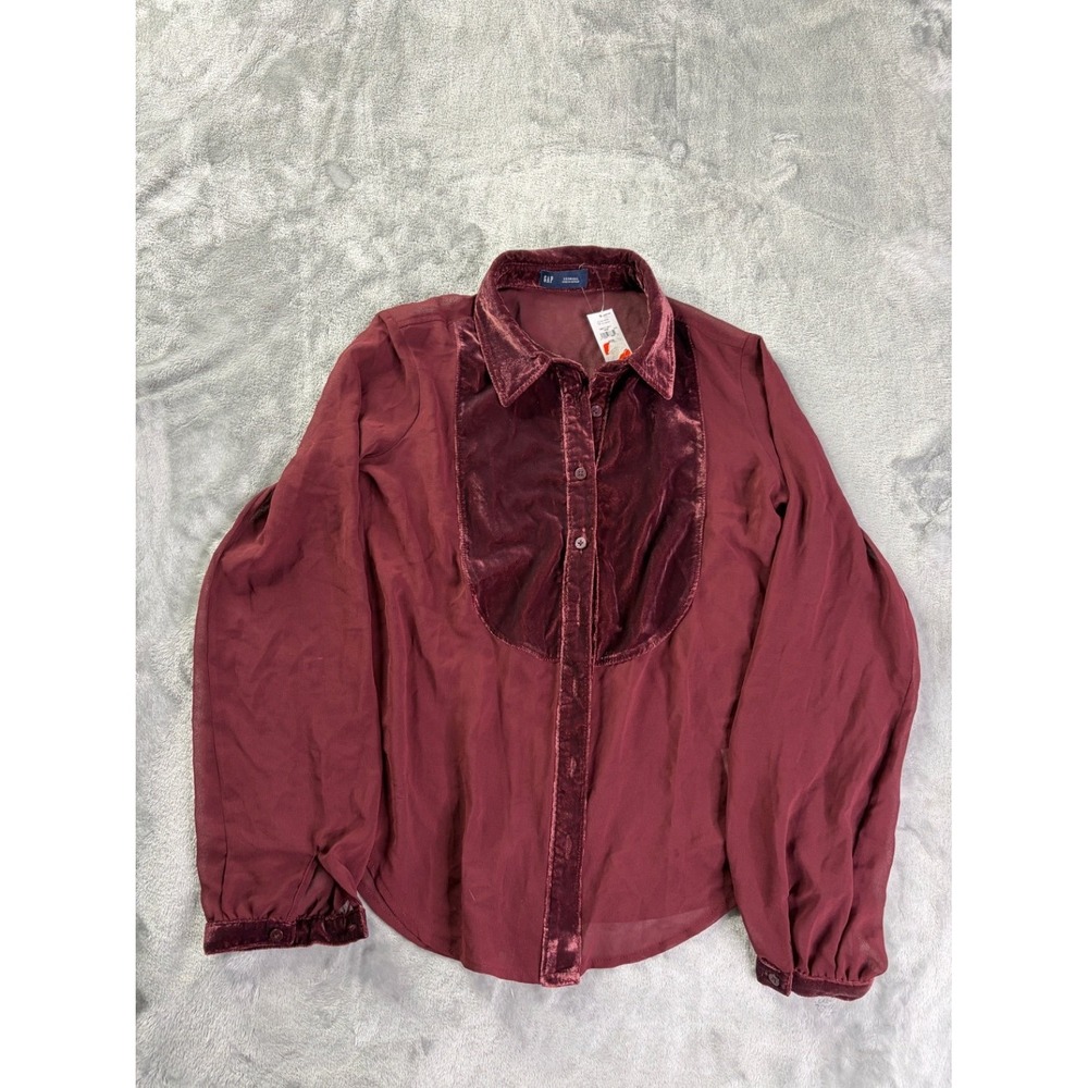 Gap Tuxedo Bib Sheer Button Up Blouse Womens XXS Burgundy NWT Red Long Sleeve